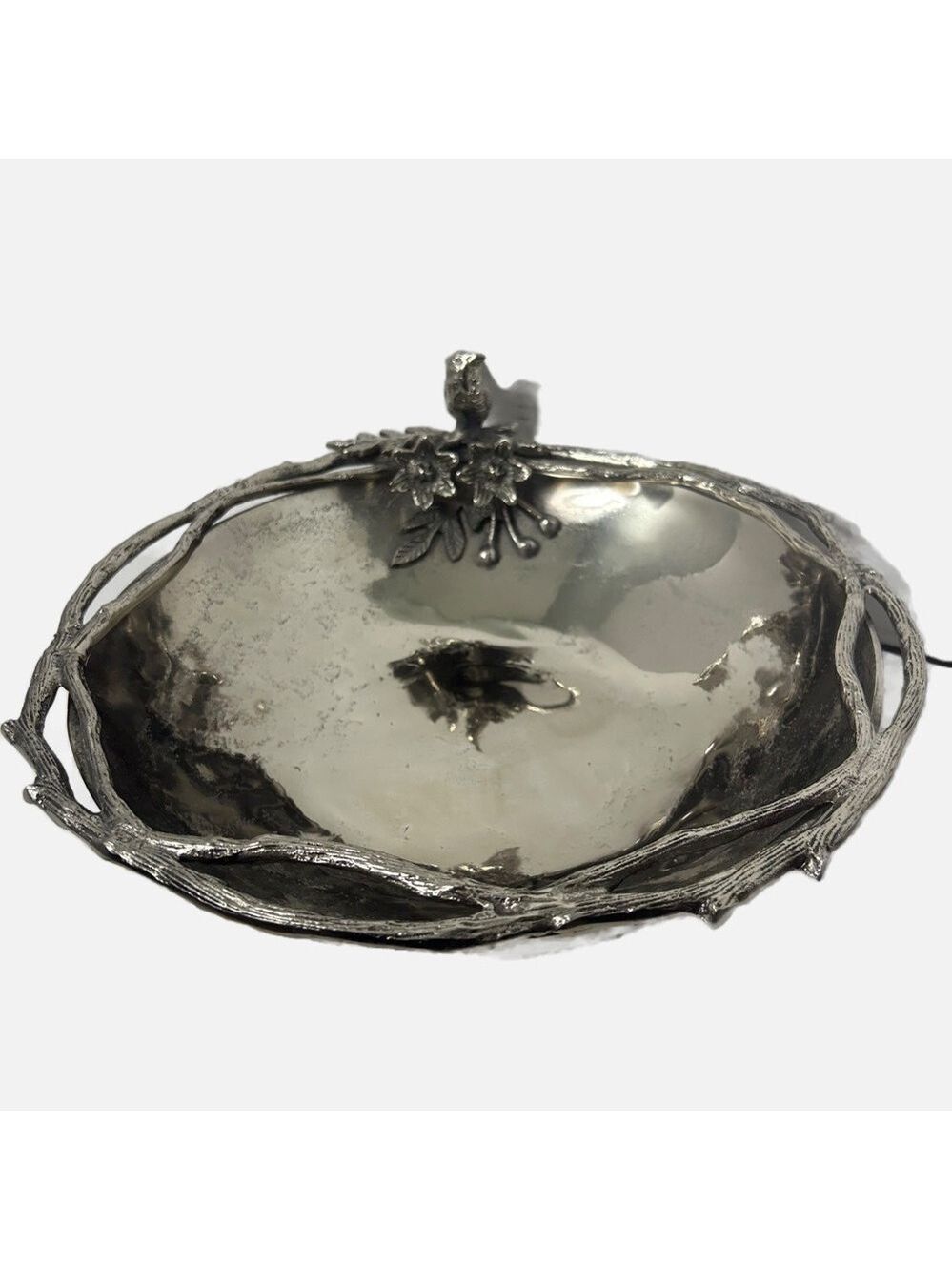 Large Pewter Serving Bowl Bird Nest Flowers Branches Silver Tone Centerpiece